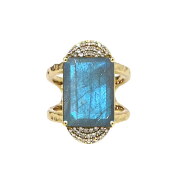 Gold Emerald Cut Labrodite & Crystal Cocktail Ring