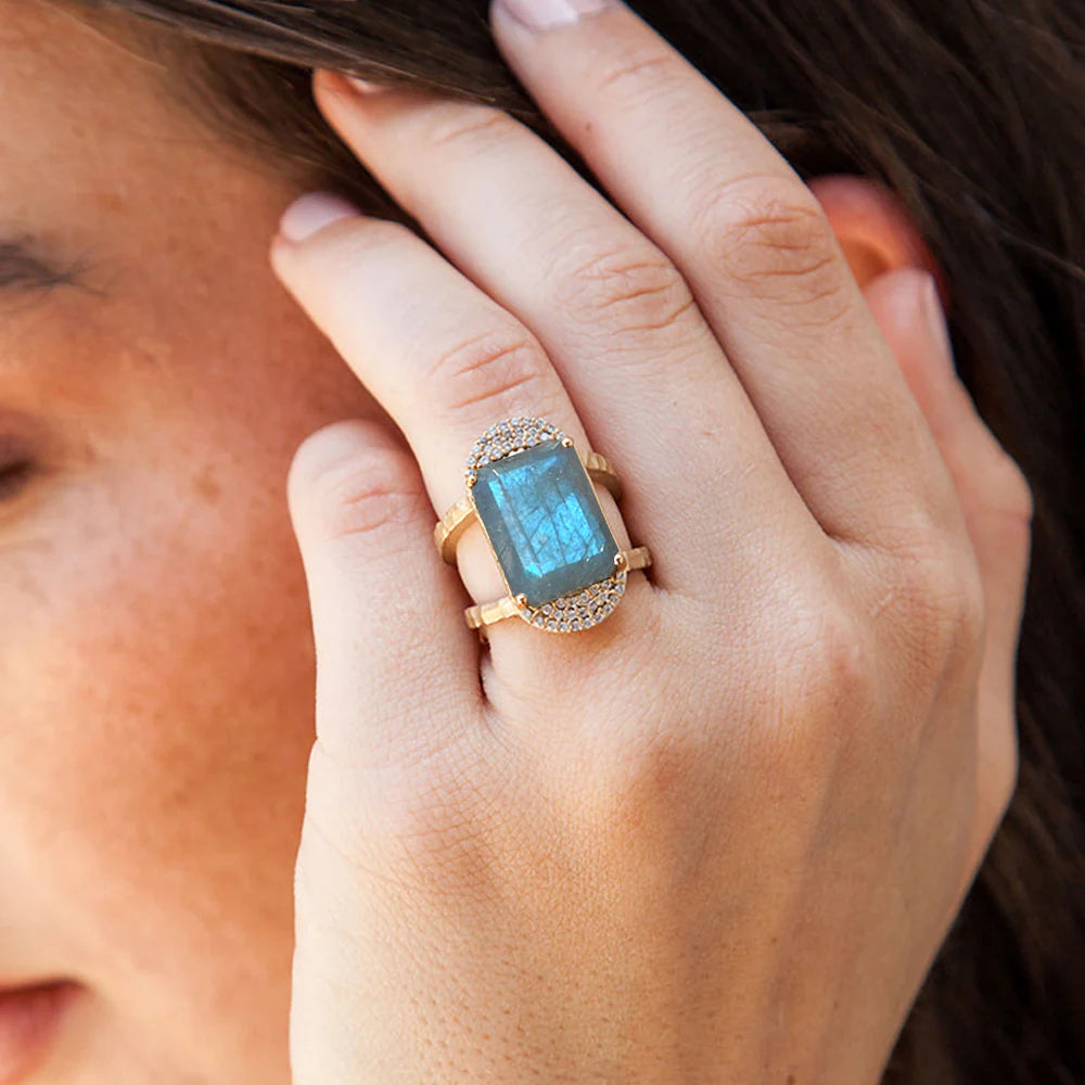Gold Emerald Cut Labrodite & Crystal Cocktail Ring